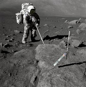 Schmitt collecting rocks on the moon. (NASA photo)
