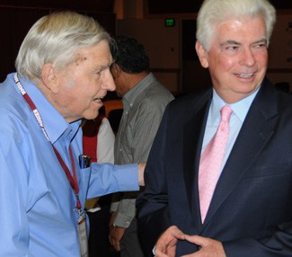Bruce King, left, is shown here in Las Cruces in 2008 with U.S. Sen. Chris Dodd. (Photo by Heath Haussamen)