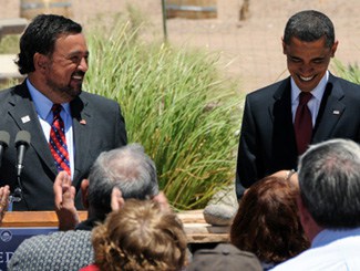 Barack Obama and Bill Richardson sharing a laugh in Las Cruces in 2008. (Photo by Heath Haussamen)