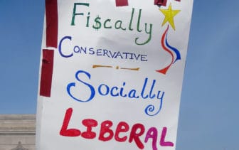 Having “fiscally conservative and socially liberal” beliefs sets people up to not agree with the entire platform of the Democratic Party or the Republican Party. This photo was taken at the Rally to Restore Sanity and/or Fear held by Jon Stewart and Stephen Colbert in Washington, D.C. in 2010.