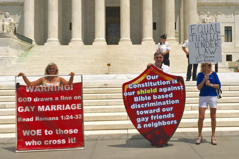 People exercising their right to express differing beliefs about same-sex marriage on Thursday, the day before the U.S. Court legalized such unions nationwide.