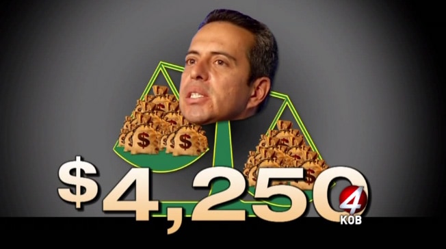 A screen shot from KOB-TV's report showing how much money the station identified in contributions Maestas failed to report last year.