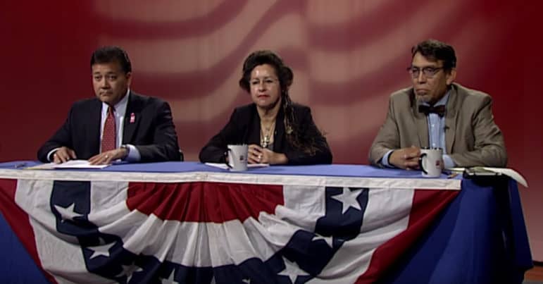 The candidates for Las Cruces mayor -- from left, Ken Miyagishima, Gina Montoya-Ortego, and Miguel Silva -- at the debate hosted by the Las Cruces Sun-News and KRWG Public Media.